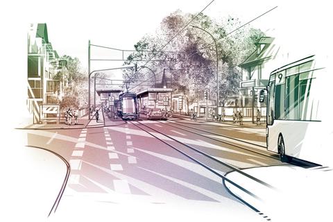 Die City-Bahn GmbH zeigt, wie das Nebeneinander mit einer City-Bahn in der Wiesbadener Straße Ecke Johannes-Gossner-Straße organisiert werden könnte. Archivfoto: City-Bahn GmbH