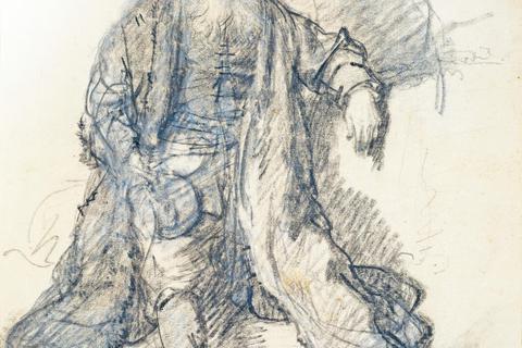Rembrandts Kreidezeichnung eines „Sitzenden Greises“(oben, um 1630) ist derzeit ebenso Teil der Ausstellung „Städels Erbe“ im Frankfurter Städel-Museum wie links der Ausschnitt aus „Vier Studien einer rechten Hand“ von Hendrick Goltzius (1588/89). Foto: Städel
