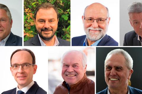 Klaus-Peter Willsch (CDU), Daniel Bauer (SPD), Günter Linke (Grüne), Klaus Gagel (AfD (oben v. l.), Stefan Müller (FDP), Matthias Bremser (Freie Wähler) und Benno Pörtner (Die Linke) (unten v. l.) treten als Kandidaten für die Kreistagswahl an.  Fotos: Mallmann/AMP, SPD Rheingau-Taunus, Grüne Rheingau-Taunus, Gagel, Jonathan Gaubatz, Bremser, Pörtner  