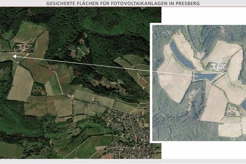 Gesicherte Flächen für Fotovoltaikanlagen in Presberg. Grafik: Altus AG, Bearbeitung: VRM