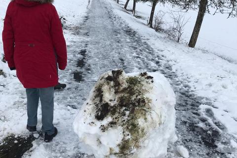 Ein Schneemann besteht zumeist aus zwei oder drei Schneekugeln. Dieses Prachtexemplar zwischen Hahn und Wingsbach ist wohl noch im Bau. Foto: Mathias Gubo