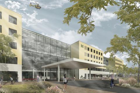 So soll der Eingangsbereich der neuen HSK in Wiesbaden aussehen.  Simulation: Helios HSK Wiesbaden
