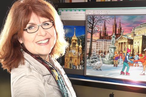 Die Wiesbadener Grafikdesignerin Dorothea Weber entwirft mit Pinsel und Farbe ihr ganz eigenes Bild der Stadt Wiesbaden. Foto: Ost & Arts Fotostudio Frankfurt / Dorothea Weber