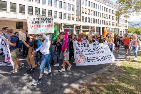 Unter dem Motto „Gemeinsam sind wir stärker“ ziehen Demonstranten aus Wiesbaden und Frankfurt durch die Stadt. Foto: Jörg Halisch