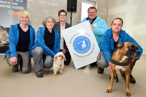 Thomas Schröder, Präsident des Deutschen Tierschutzbunds, überreicht die Tierheimplakette an Julia Rabanus, Christine Riedel, Henriette Hackl und Nadine Bernarby (von links). Foto: Volker Watschounek