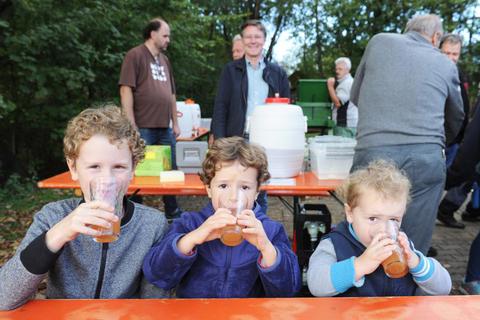Frischen Apfelmost genießen die Brüder Arthur (7), Vitus (5) und Thadeus (2) beim  Erlebnistag „Streuobstwiese“.Foto: wita/Paul Müller  Foto: wita/Paul Müller