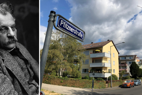 Der Komponist Hans Pfitzner und die nach ihm benannte Straße in Wiesbaden. Fotos: Bildarchiv Neese; Volker Milch