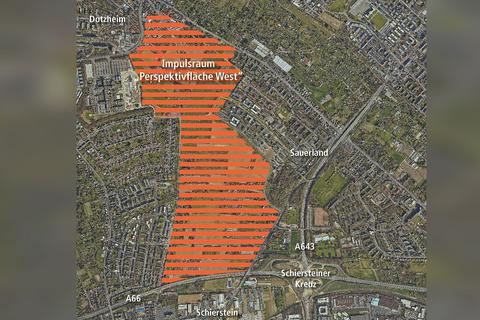 Rund 3000 Wohnungen könnten im neuen Baugebiet "Perspektivfläche West" entstehen.  Grafik: vrm/sbi; Karte: geoportal.wiesbaden.de