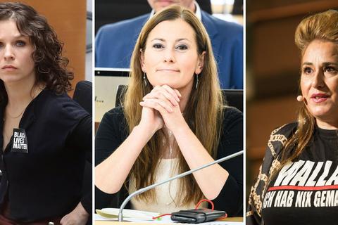 Die Linken-Politikerinnen Anne Helm (v.l.), Janine Wissler und die Kabarettistin Idil Baydar sowie die Politikerin Martina Renner (nicht abgebildet) haben erneut Drohmails der "NSU 2.0" erhalten. Fotos: dpa