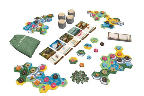„Cascadia“ ist „Spiel des Jahres 2022“. Bei dem Legespiel geht es um eine zweiteilige Puzzleaufgabe mit Landschaftsplättchen und Tierscheiben. © Kosmos/dpa-tmn